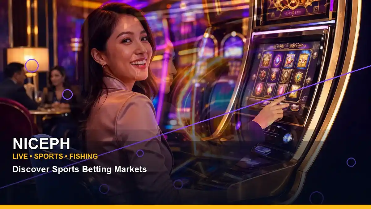 NICEPH burst free spins slot games featuring an adult Filipina casino host with a layered collage composition