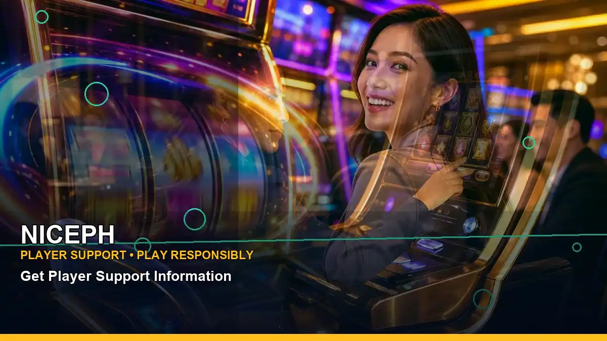 NICEPH play phone mobile casino games featuring an adult Filipina casino host with a left-diagonal composition