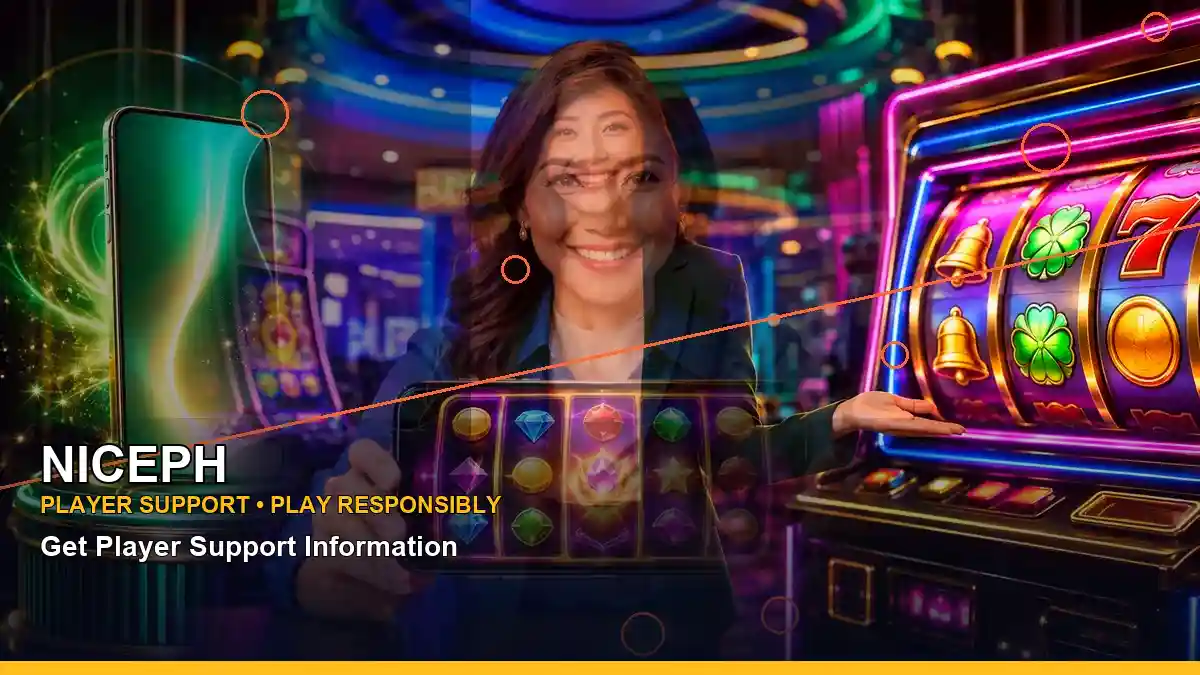 NICEPH reels casino bonus games featuring an adult Filipina casino host with a right close-up composition