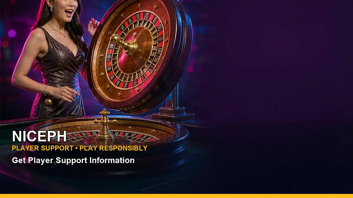 NICEPH live casino table games featuring an adult Filipina casino host with a center symmetric composition